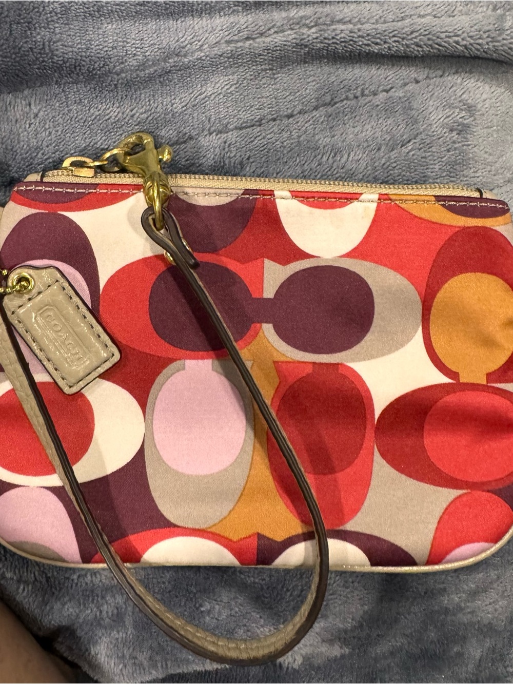 Coach Multicolor Signature Wristlet pouch with Taupe Strap; perfect